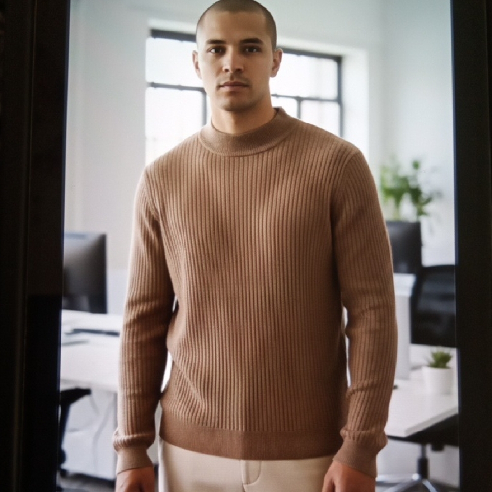 7 Downie St London Mock Neck Knit Sweater Caramel Color Office Mens Small
